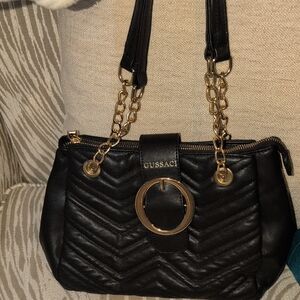 Gussaci Black Quilted Shoulder Bag with Gold Accents